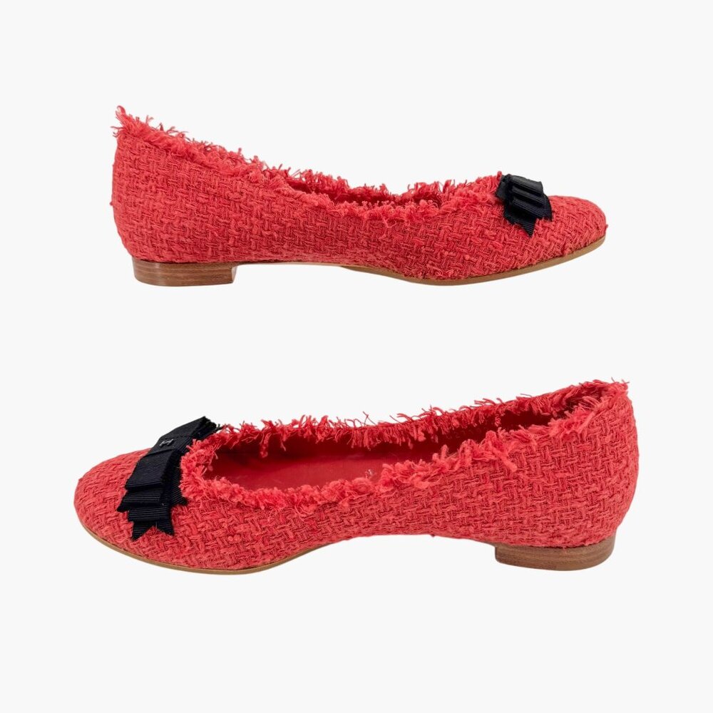 CHANEL Red Tweed Flats with Black Bow - Picture 10 of 15